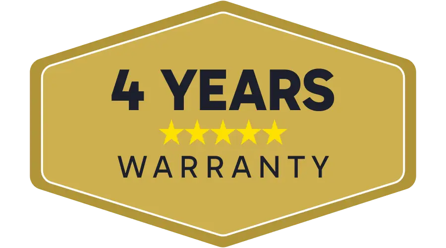 A gold badge with black text that reads 4 Years Warranty and features four yellow stars beneath the number 4.