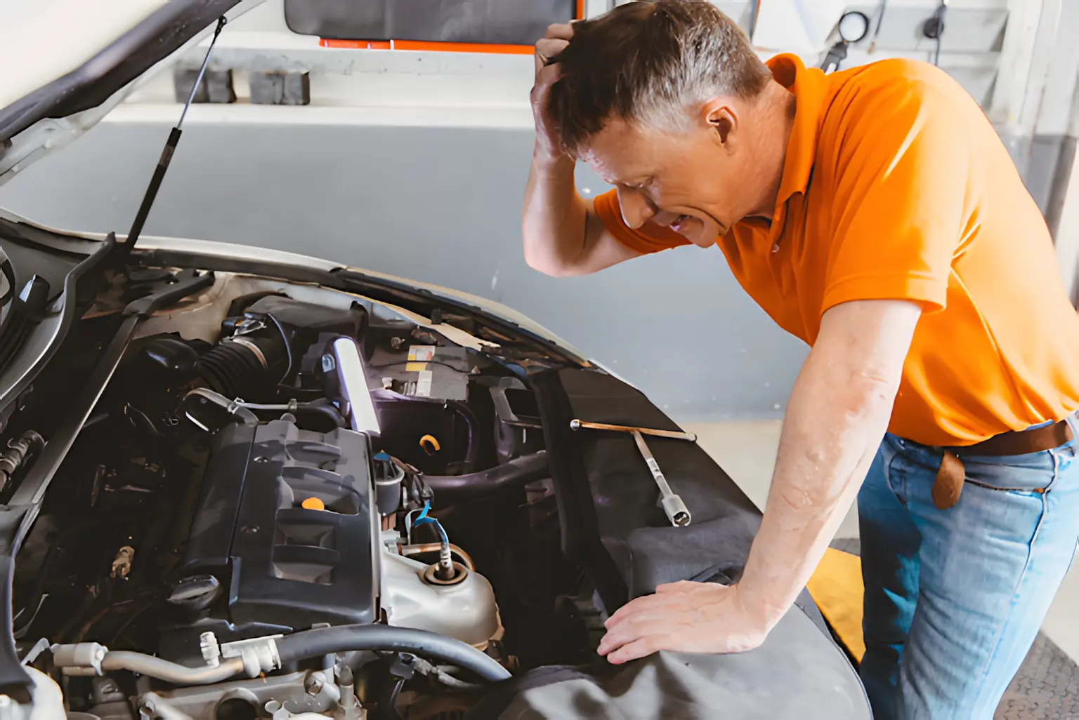 Auto repair in shop garage. Mechanic in an orange shirt looks concerned while inspecting the engine bay of a vehicle, highlighting the importance of professional diagnostics to identify and fix issues.